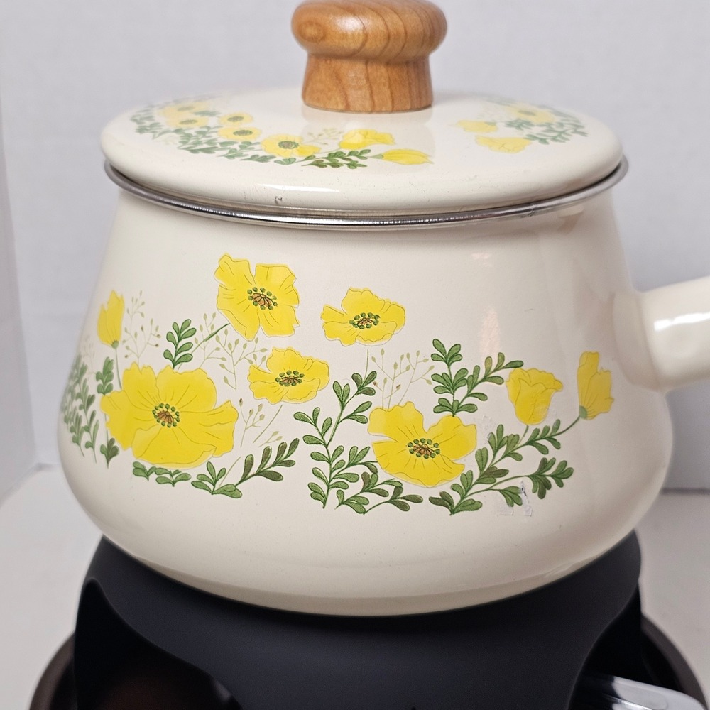 MCM 1970s Enamel‎ Fondue Pot Cottagecore Yellow Floral Poppies Japan Analog - Picture 2 of 10